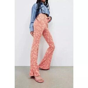 Zara Retro High Rise Floral Daisy Flare Split‎ Hem Pants 70s BOHO Size L